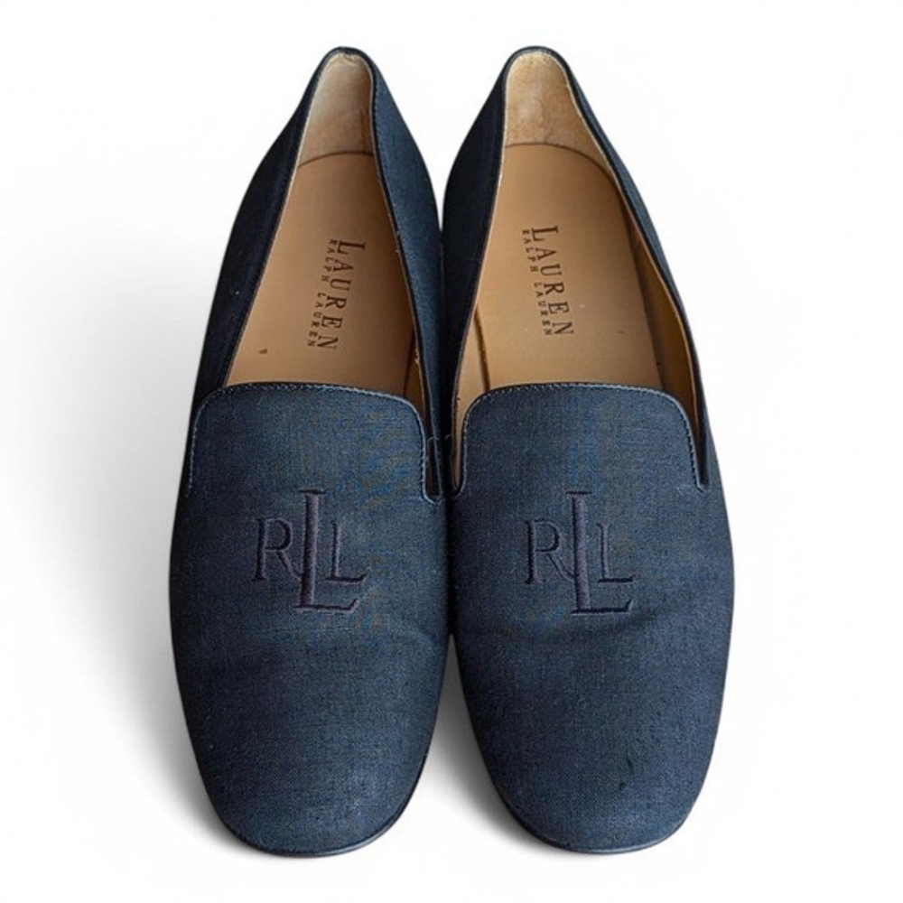 Ralph Lauren Linen Blend Black Embroidered Loafer Flats 9 - Picture 2 of 10